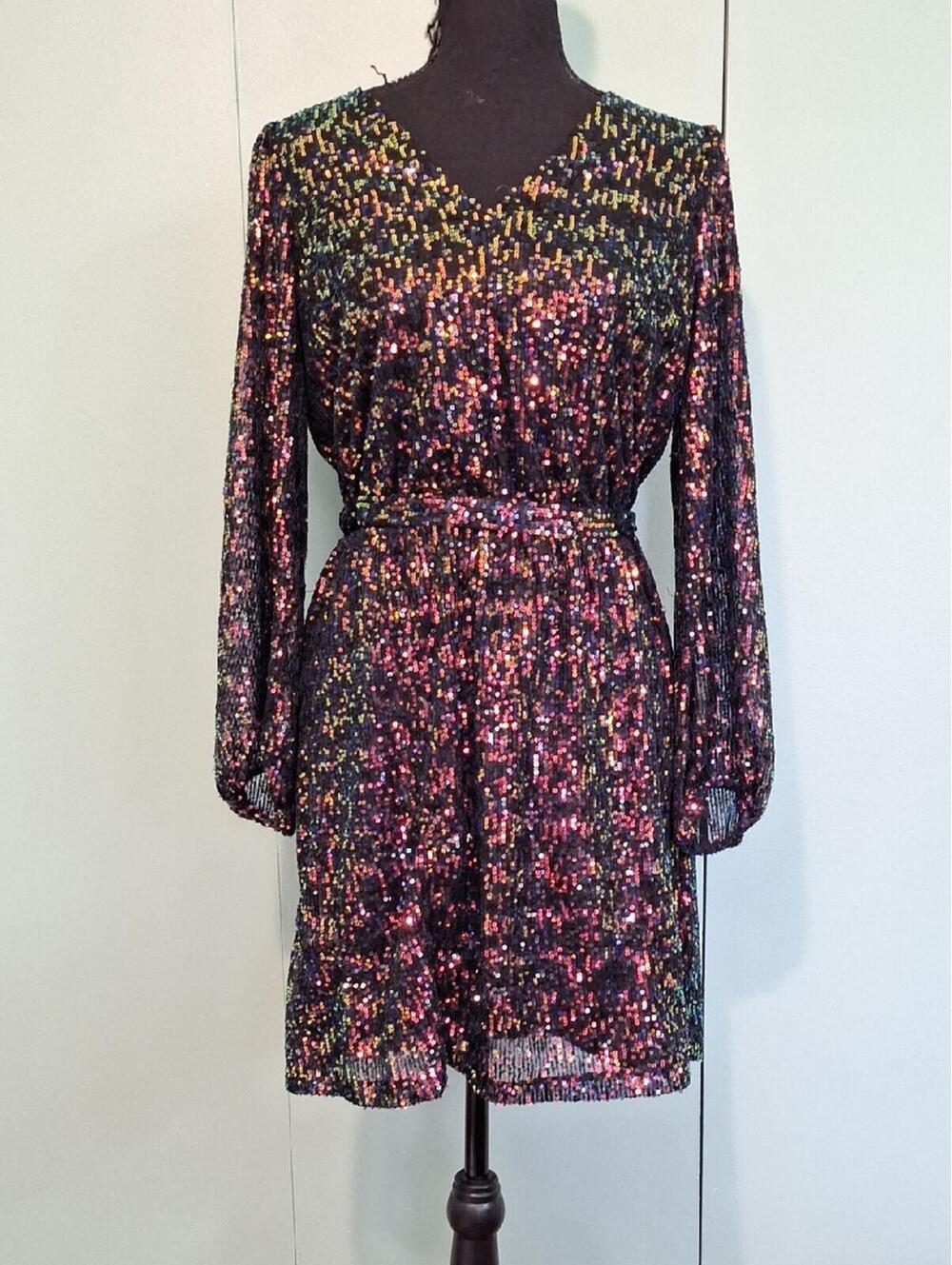 Loft Black Sequins Mesh Long Sleeve Dress Size Small
